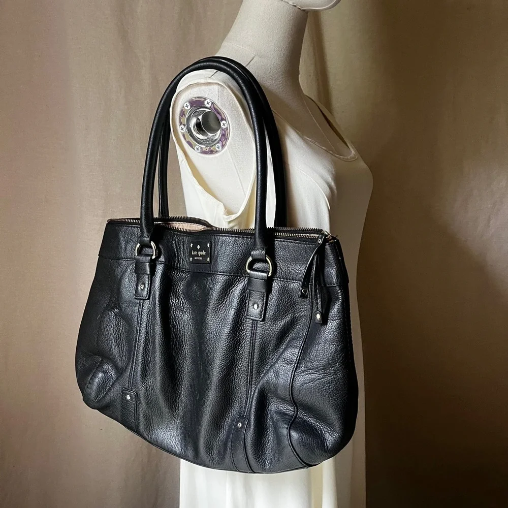 Kate Spade New York Black Pebbled Leather Large Shoulder Tote Bag Zip Top